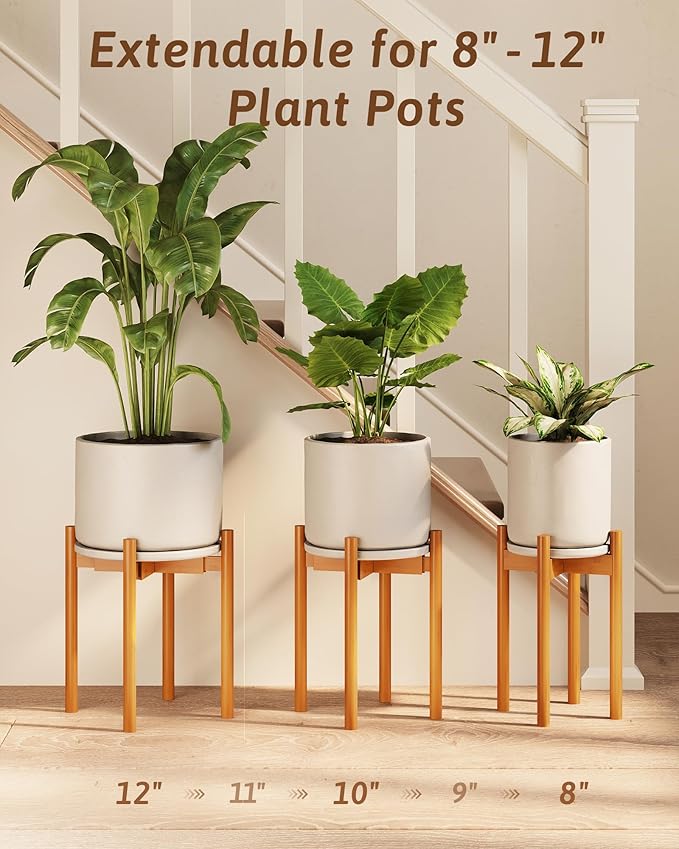 Adjustable Plant Stand Indoor, Bamboo Plant Stand Fits 8 9 10 11 12 Inches, Small Corner Planter Holder for Indoor Plants, Single Floor Plant Stands for Living Room Balcony, Light Brown Tall