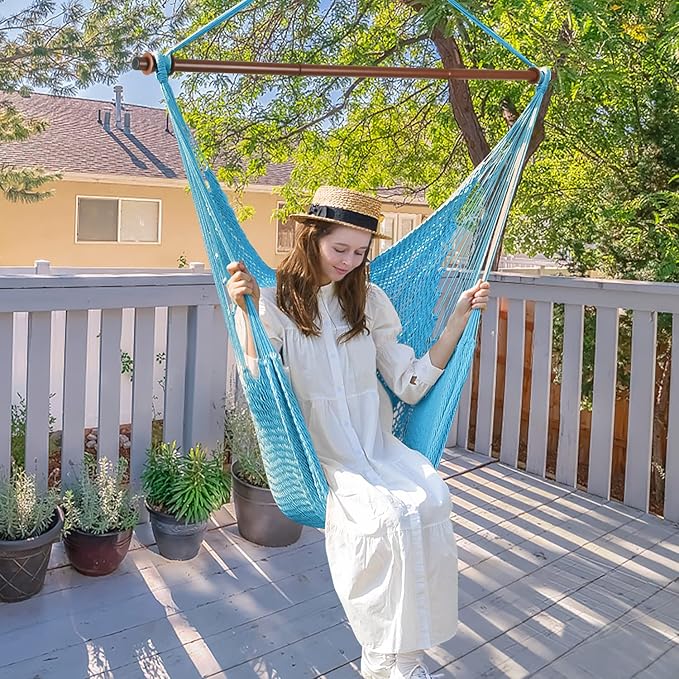 Upgraded Caribbean Hammock Chair with Detachable Metal Bar, Large Hammock Swing Chair, XL Rope Hanging Chair for Outdoor Indoor, 330 LBS Weight Capacity, DeepSkyBlue