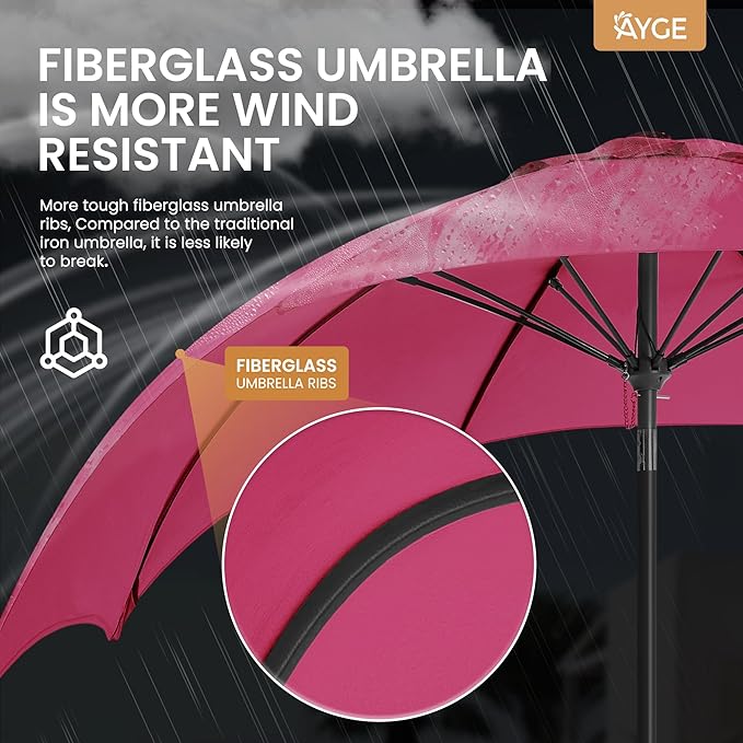 Ayge 9FT Large Outdoor Patio Umbrella Market Table Umbrella-UV Resistant, Easy Push Button Tilt and Crank, 8 Sturdy Fiberglass Ribs Heavy-Duty Pool Umbrella for Deck, Backyard,Garden,Rose Pink