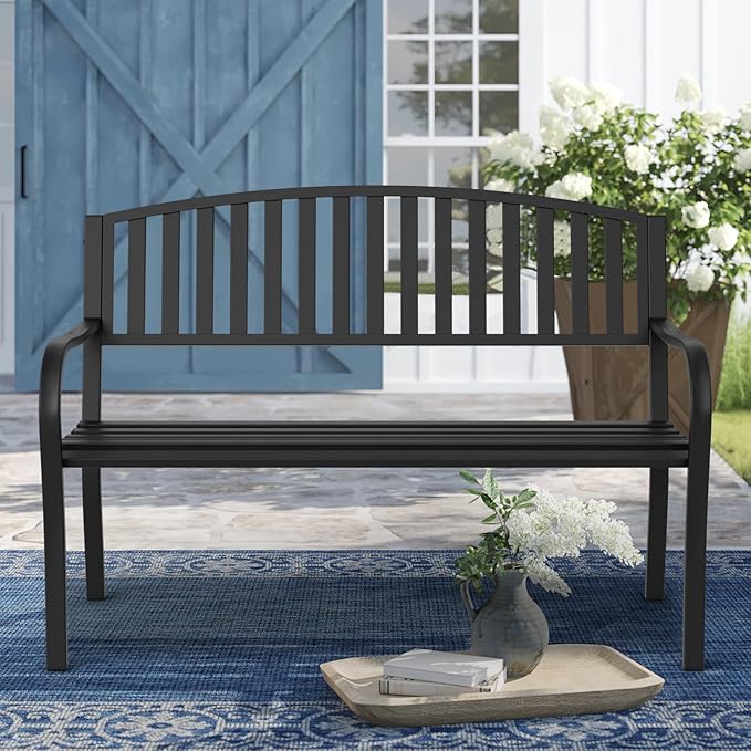 Outdoor Bench Garden Bench, Weatherproof Anti-Rust Heavy-Duty Outside Benches Clearance, Wrought Iron Metal Bench for Front Porch, Patio, Park