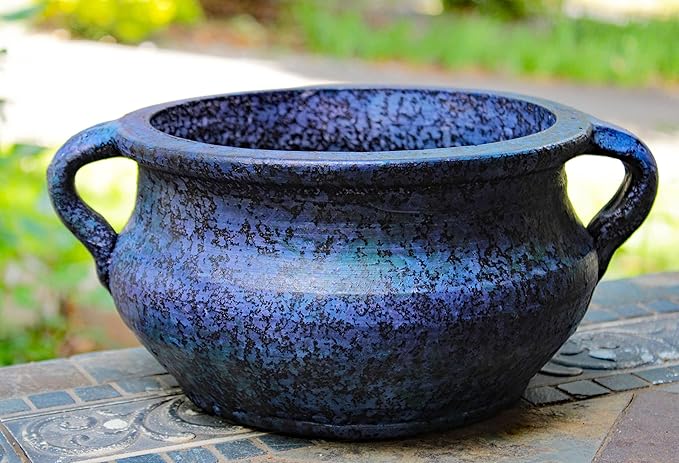 Goodman and Wife Egyptian Era Designed Earthen Ware Terra-Cotta Vessel/Planter with Looped Handles. Large Purple