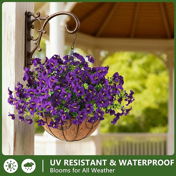 INQCMY Artificial Fake Petunias Flowers for Outdoors Spring Decoration, 12 Bundles Faux Flower Plants UV Resistant Purple Realistic Silk Flower for Outside Planters Patio Porch Yard Window Box