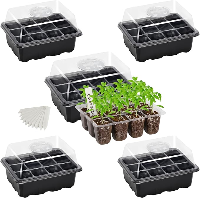Bonviee 5-Pack Seed Starter Tray Seedling Kits,Plant Starter Kit with Adjustable Humidity Dome and Base Indoor Greenhouse Mini Propagator for Seeds Growing Starting (12 Cells per Tray,Black)