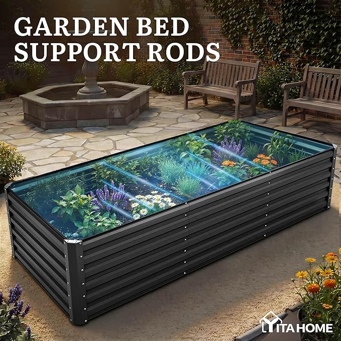 YITAHOME 8x4x2ft 2pcs Large Raised Garden Bed, Galvanized Metal Planter Box with Gloves, Ground Nails, Support Rod & Safety Rubber, Outdoor Above Ground Planters for Plants Vegetables Flowers, Black