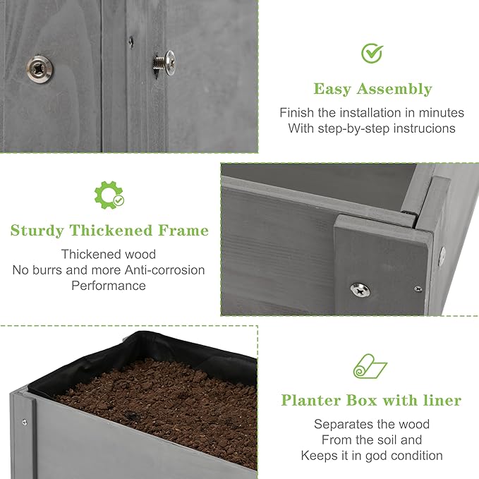 Raised Garden Bed with Legs, 31x16x31'', Outdoor Wood Elevated Planter Box, Grey Cedar, Thick Legs, w/Liner