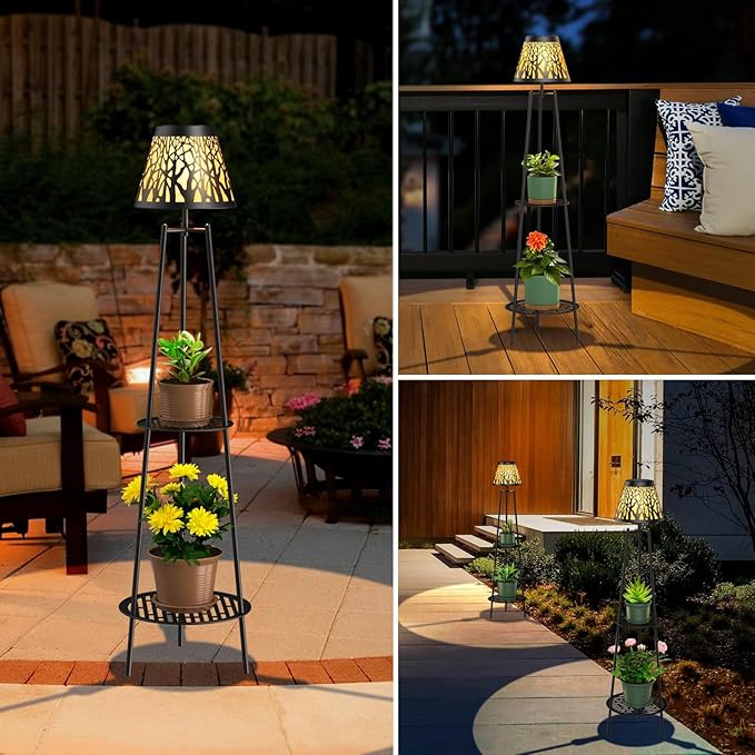 2 Pack 45.5'' Outdoor Floor Lamps with 2 Tier Plant Stand, Solar Powered Metal Waterproof Lights for Patio Deck Yard Garden Porch Decor
