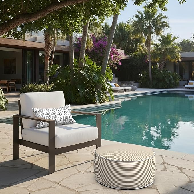 LVTXIII Outdoor Inflatable Ottoman, 21"x21"x9" Patio Fade-Resistant Footrest Stool with Handle, Portable Round Ottoman Pouf for Patio Garden, Camping or Home Use, Stripe Beige