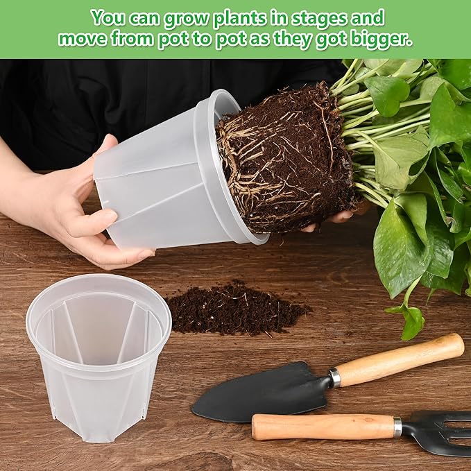 5 Set 7 Inch Transparent Plastic Garden Pots with Saucer - Planter with Drainage Hole for Indoor and Outdoor Plants - Includes 10 Plant Labels