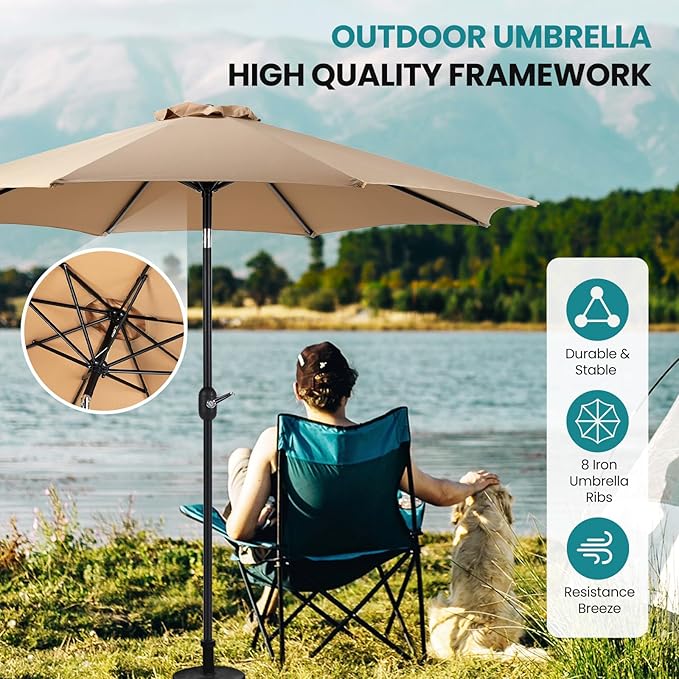 OLIXIS 9ft Patio Umbrella with Tilt and Crank Button & 8 Sturdy Ribs Waterproof, Patio Table Umbrella Perfect for Poolside, Terrace, Beach and Outdoor Restaurant, Khaki