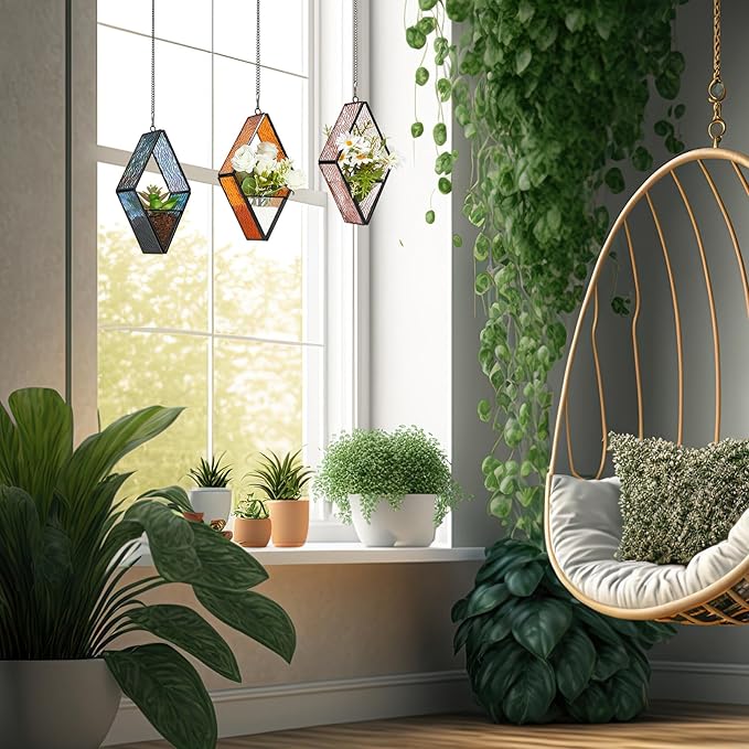 Yaomiao 3 Pcs Stained Glass Hanging Plant Terrariums Hanging Glass Planter Small Geometric Terrarium Air Plant Terrarium with Chain for Succulent Moss Holders Garden Wall Windowsill (Vivid Color)