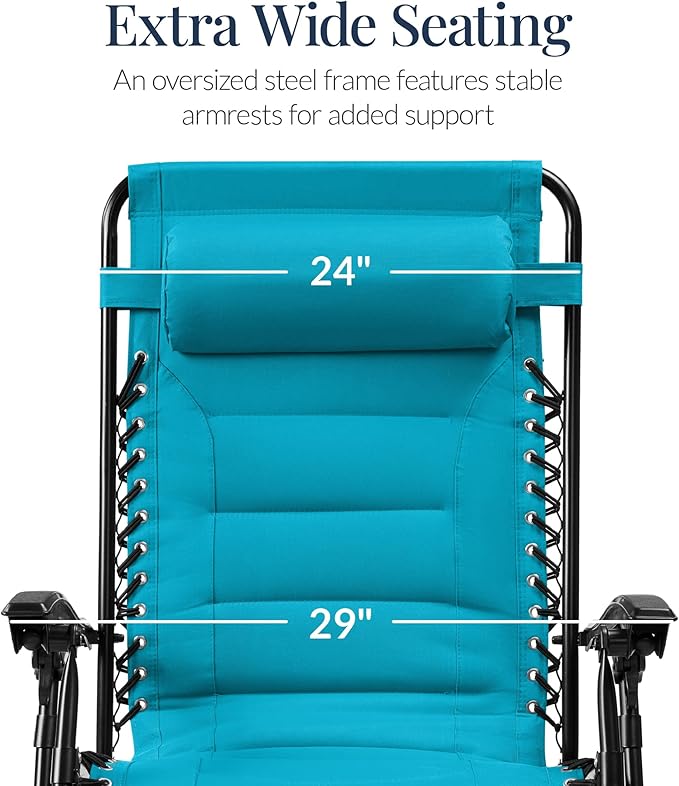 Best Choice Products Oversized Padded Zero Gravity Chair, Folding Outdoor Patio Recliner, XL Anti Gravity Lounger for Backyard w/Headrest, Cup Holder, Side Tray, Polyester Mesh - Aqua Blue