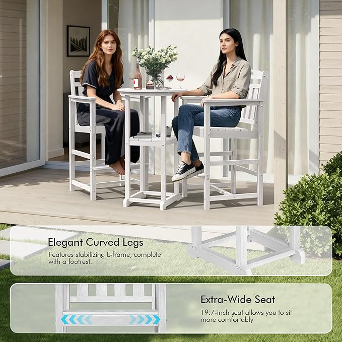 Ciokea 3-Pcs Bistro Table and Chairs, All-Weather Round High Top Bar Table with Storage Shelf and 2 Oversized Adirondack Chairs, Heavy Duty Outdoor Bar Set Patio Bistro Set for Balcony Deck, White