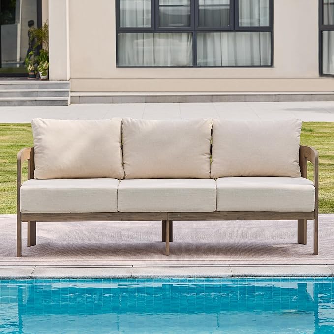 Outdoor Couch Aluminum Patio Furniture, 3-Seat All-Weather Metal Modern Patio Sofa with Washable Thick Cushion for Garden/Backyard/Porch, Beige