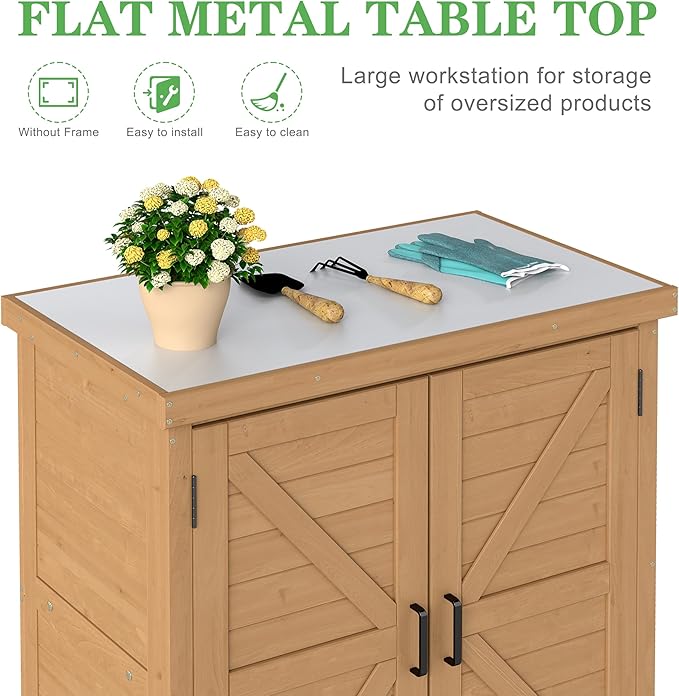 Outdoor Potting Bench with Storage Cabinet and Metal Top, Wood Workstation for Outdoor Patio, Garden (Light Brown, 31x17x36‘’)