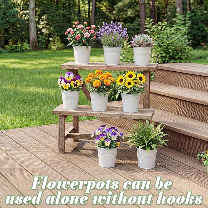 HowRU Hanging Flower Pots, Railing Planter Box for Outdoor Plants 12 Pack 5 Inch Metal Hanging Planters with Detachable Hooks Balcony Window Fence Garden Decoration Flower Boxes, White