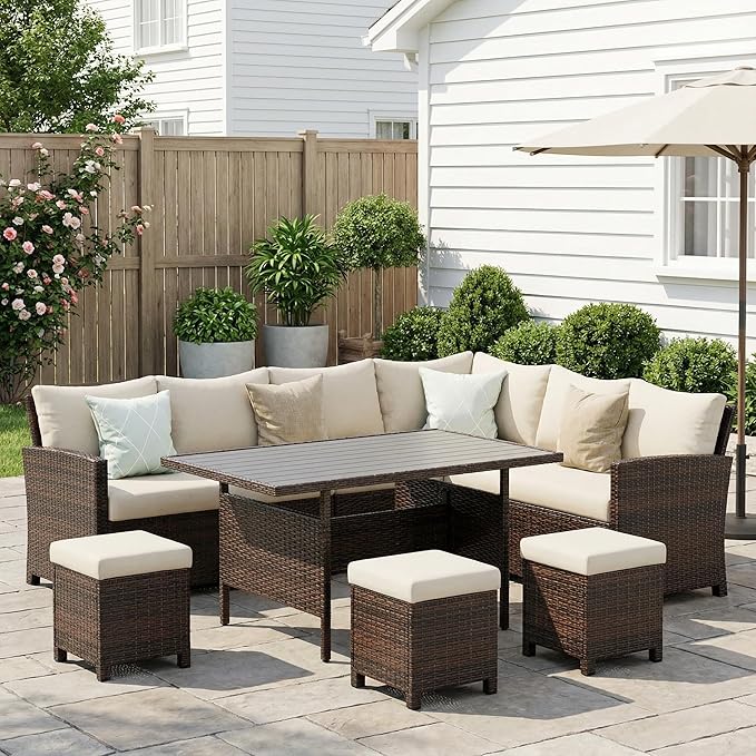 Wisteria Lane 7 Piece Patio Furniture Set, High Curved Back Wicker Patio Sectional, All Weather Outdoor Dining Set, Outdoor Furniture Patio Conversation Set with Ottoman, Ivory