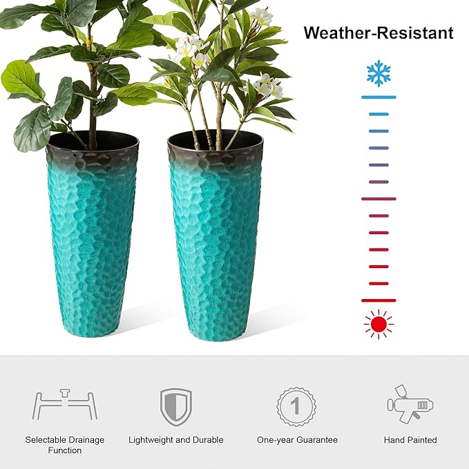 Glitzhome 31" H Oversized Tall Planter, Set of 2 Honeycomb Textured Gradient Turquoise Plastic Tall Outdoor Planters with Drainage Holes, Round Large Flower Pots for Indoor Outdoor Front Door Patio