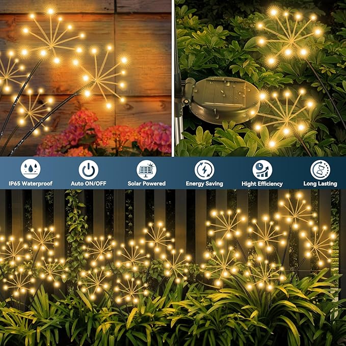 Solar Garden Lights 2 Pack Waterproof Swaying Starburst Light Solar Outdoor Lights for Yard Patio Walkway Pathway Party Wedding Decoration, Unique Gifts for Women, Warm White