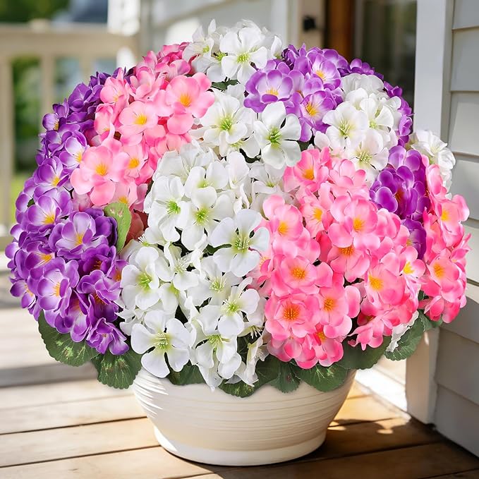 Artificial Geraniums Flowers for Outdoors, 6 Bundles Realistic Silk Fake Geranium, No Fade Faux Plants for Hanging Baskets, Window Boxes, Planters - Porch, Patio, Garden Decor(Mix Colors)
