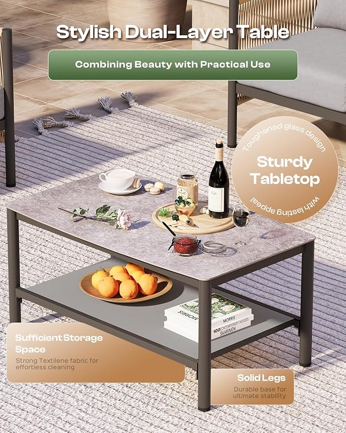 Aluminum Outdoor Patio Furniture Set with Dual-Layer Coffee Table, 4 Piece Modern Patio Conversation Sets with PE Rope, Outdoor Sectional Sofa with Thick Cushions for Balcony, Porch, Gray