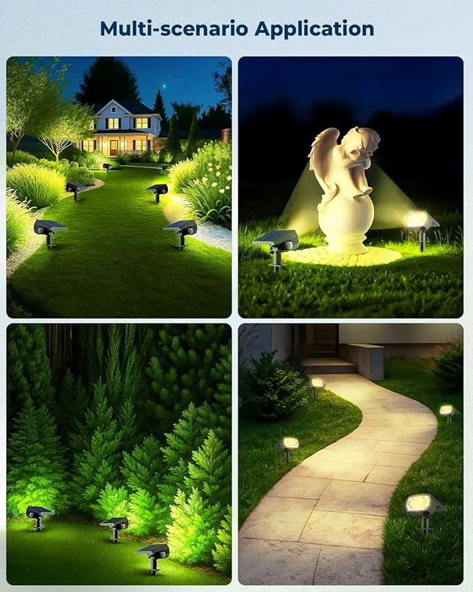 6 Packs Solar Spot Lights Outdoor, 64 LED 3000K Solar Lights Outdoor, IP67 Waterproof, Adjustable Brightness Dusk to Dawn Solar Spotlights for Garden, Yard, Lawn, Walkway, Driveway - Warm White