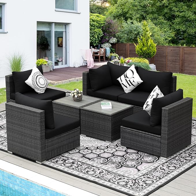 NICESOUL 7 Piece Modern Outdoor Patio Furniture Set, Extra Large Grey Wicker Patio Modular Conversations with Tables, All-Weather Deep Sofa Couches for Backyard Deck, 2 Color Cushion Black & Gray