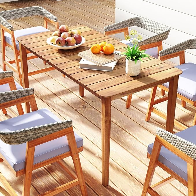 Tangkula 54" Acacia Wood Patio Dining Table for 6, Rectangular 4-6 People Patio Table with Slatted Tabletop, Indoor Outdoor Farmhouse Dining Table for Yard, Garden, Poolside, Deck