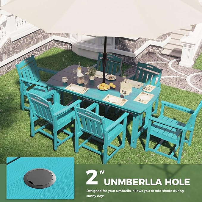 HDPE Outdoor Dining Set, Patio Table and Chairs Set, All-Weather 7-Piece Outside Table and 6 Chairs, 2" Umbrella Hole, Outdoor Furniture for Garden, Poolside, Backyard, Deck | Lake Blue