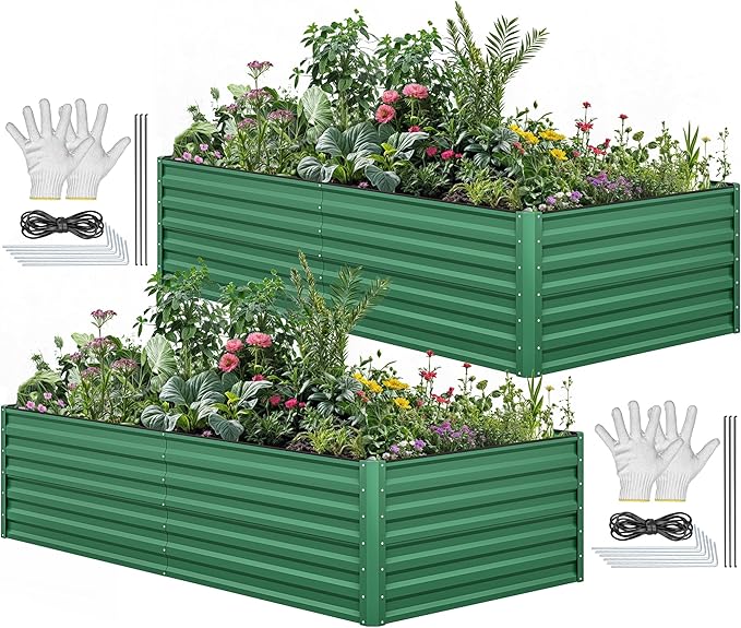 YITAHOME 96x48x24 in 2pcs Galvanized Raised Garden Bed Kit, Large Metal Planter Box with Gloves, Safety Rubber & Support Rod, Outdoor Flower Bed for Plants Vegetables, Green