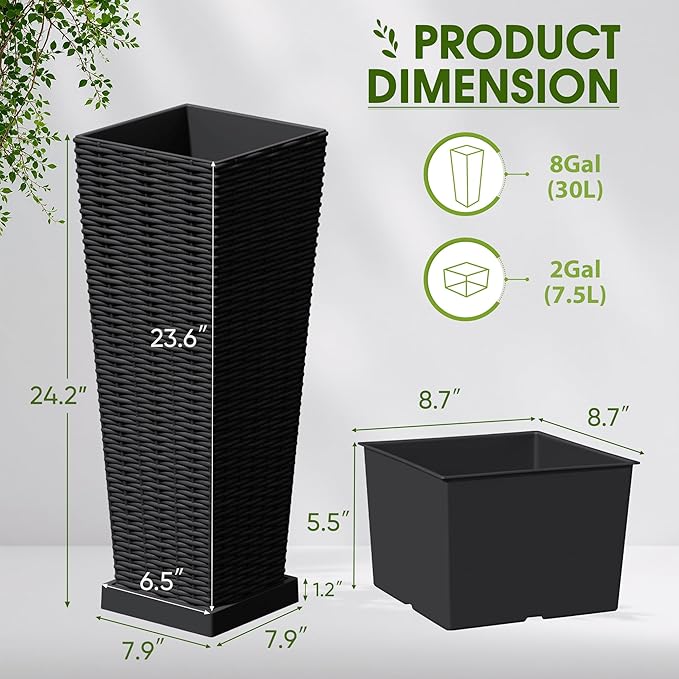 Devoko Resin Tall Planters with Tray for Outdoor Plants Set of 2, Large Taper Outdoor Planter Pots with 4 Drainage Holes, Flower Pots Modern Decor for Porch, Patio, Backyard, Garden(Black, 24")