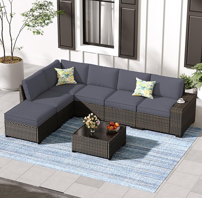 Jing's Villa 7-Piece Patio Furniture Set, All-Weather Outdoor Wicker Sectional Sofa with Cushions, Tempered Glass Table & Ottoman, Rattan Conversation Seating for Porch, Garden, Backyard,Grey