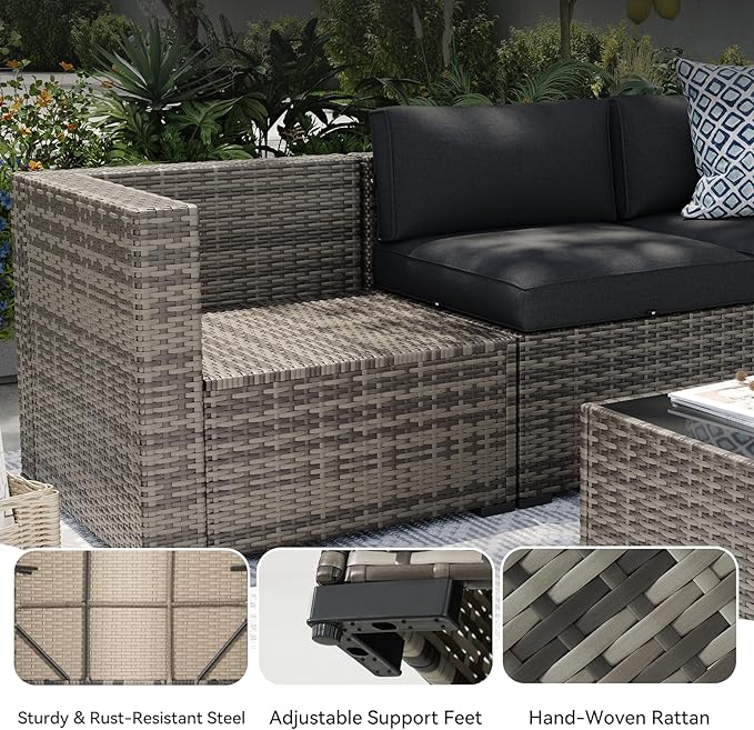 Aoxun Patio Furniture Sets, 14-Piece Outdoor Patio Furniture with 44'' Propane Gas Firepit Table, Wicker Outdoor Conversation Set Sectional Sofa for Backyard, Poolside, Garden
