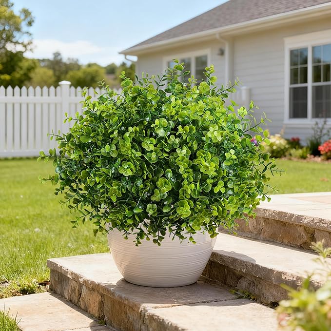 Artificial Faux Outdoor Plants for Spring Summer Decoration, 12 Bundles Fake Plastic Eucalyptus UV Resistant Look Real Fake Plants for Planter Outside Front Door Porch Patio Balcony Garden Indoor Yard