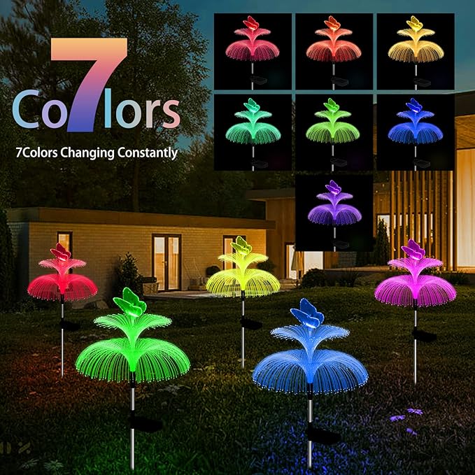 Solar Garden Lights Waterproof 3 Pack Solar Lights Outdoor Decorative 7 Color Changing Double Jellyfish and Butterfly Flower Garden Decor Yard Christmas Pool Outdoor, Gifts for Mother's Women