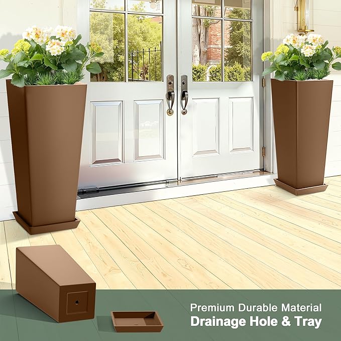 Set of 2 Large Planters for Outdoor Plants 24" Tall Tapered Modern Flower Pots with Drainage Tray for Garden, Patio, Porch (Brown)