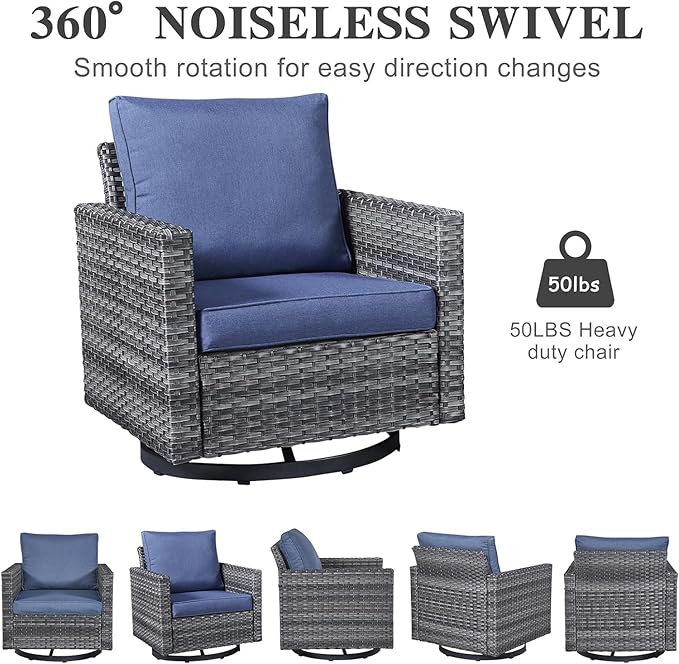 Patio Sectional Furniture Set with Fire Pit Table: 10 Pieces Wicker Patio Conversation Set with L Shaped Sofa, Outdoor Swivel Glider Rocker, Rattan Club Chairs, Ottomans, Removable Cushions Blue