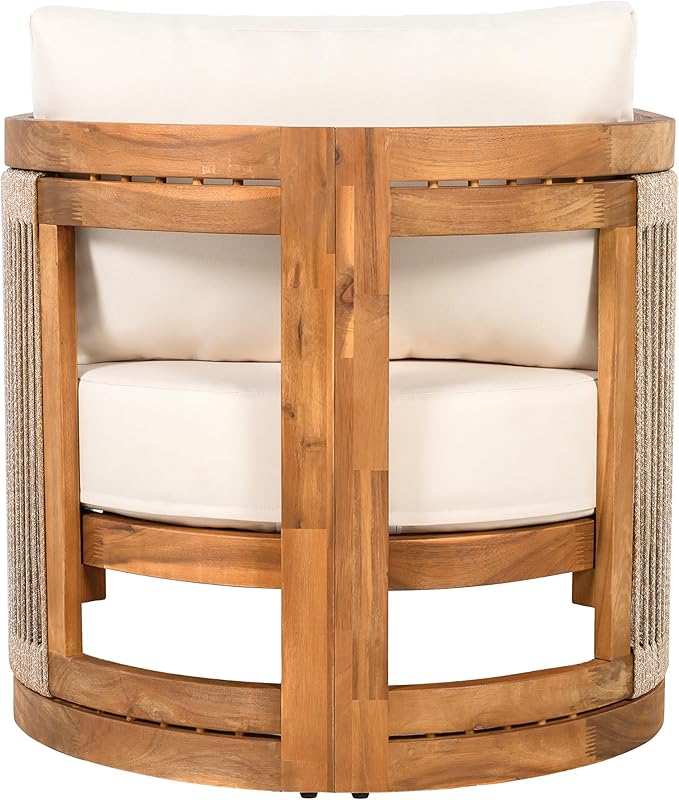 Merax 4-Piece Patio Premium Acacia Wood Outdoor Furniture Set,All Weather Curved Tub Design with Woven Rope Accents Loveseat Chairs and Table for Backyard, Balcony and Deck,Teak+ Beige
