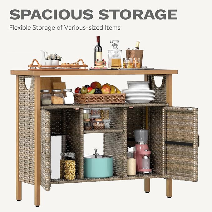 DWVO XL Patio Storage Cabinet, Wicker Outdoor Bar Table with Wood Top,Adjustable Shelves, Patio Sideboard for Outdoor Buffet,Yard, Garden, Kitchen (Brown)