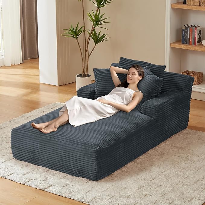 80 Inch Chaise Lounge Chair Indoor, Oversized Corduroy Upholstered Boneless Sofa Bed, Deep Seat Sleeper Couch Reading Chairs, Cloud Sofas Couches for Living Room, No Assembly Required (Dark Grey)