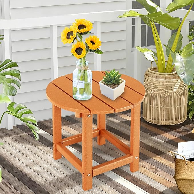 LZRS Round Adirondack Patio Side Table End Table, Outdoor Side Tables for Patio, Backyard,Pool, Indoor Companion, Easy Maintenance & Weather Resistant(Orange)
