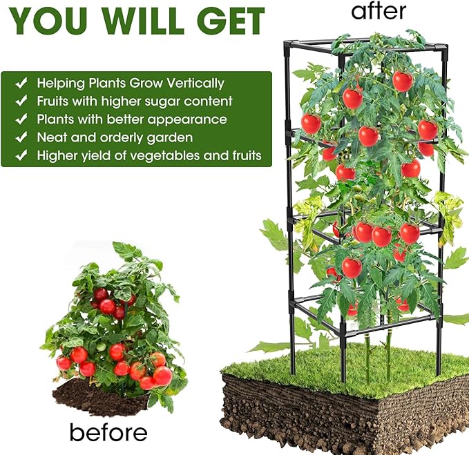 3 Pack Tomato Cages, Square Tomato Plant Stakes Support Cages Trellis for Garden Climbing Vegetables Flowers Fruits,Extra Bold,Black