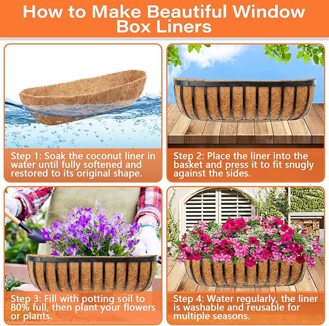 Legigo 2PCS 36 Inch Natural Trough Coco Coir Liners Planters Replacement, Pre-Formed Window Basket Coconut Coir Fiber Liner for Garden Window Flower Box Pots, Fence Trough Planter, Wall Planter Basket