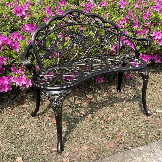 Mandolin Outdoor Park Garden Chair,All Chair Anti Rust Cast Aluminum Patio Yard Bench,Carved Rose Loveseat Bench for Backyard .Porch.Balcony.Lawn (Copper)