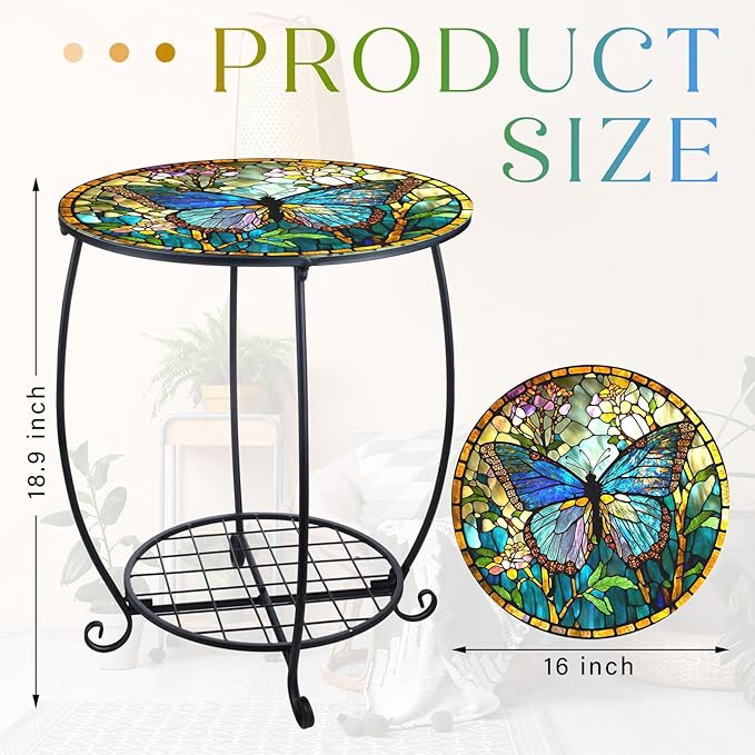 Outdoor Side Table Round Small Mosaic Patio Accent Indoor End Plant Coffee Tea Table for Yard Patio Porch Garden Living Room, Bedroom(Butterfly Style,16 Inch)