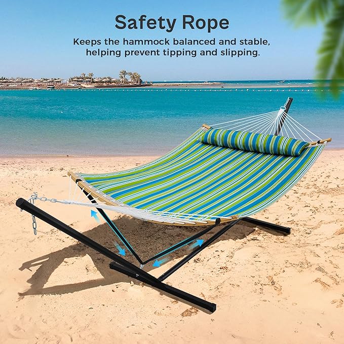 SUPERJARE Curved-Bar Hammock with Stand, 2 Person Heavy Duty Hammock Frame, Detachable Pillow & Portable Carrying Bag, Perfect for Outdoor & Indoor, Thin Blue and Green Stripes