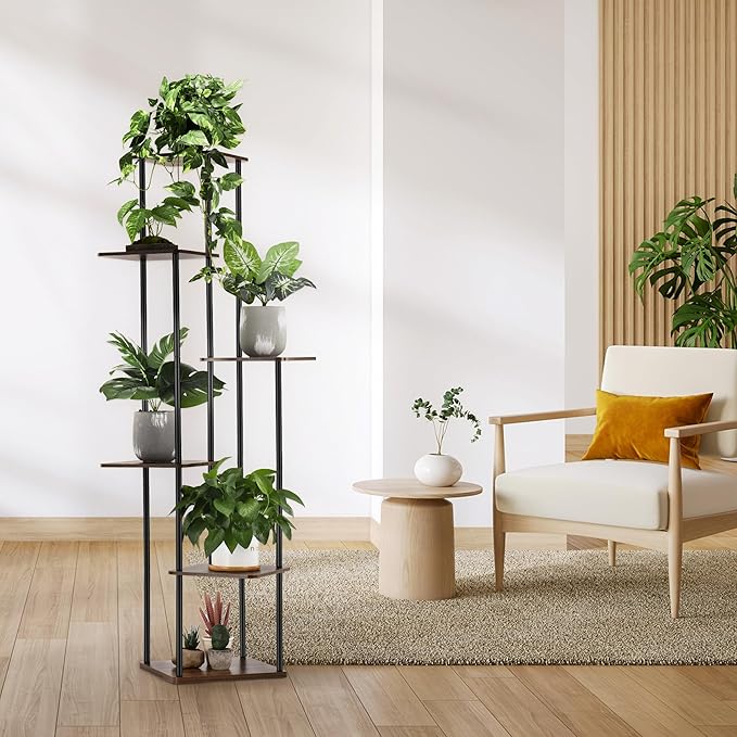 6 Tier Plant Stand Indoor Outdoor, Wood Metal Corner Shelf, Multiple Flower Pot Rack Holder Shelves, Planter Shelf Display Storage Organizer for Patio Living Room Balcony (Black)
