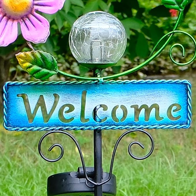 Outdoor Solar Garden Lights with Welcome Sign, Hummingbird Ornament Metal Stake Lights for Lawn, Patio, Cracked Glass Balls (Hummingbird)