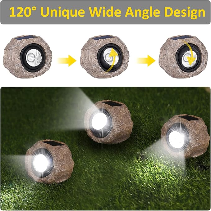 2 Pack Solar Rock Lights Outdoor, Angle Adjustable Solar Lights Outdoor Waterproof, LED Solar Garden Lights, Auto On/Off Landscape Lighting for Yard Pathway Patio Flower Bed - White Glow (Stone Brown)