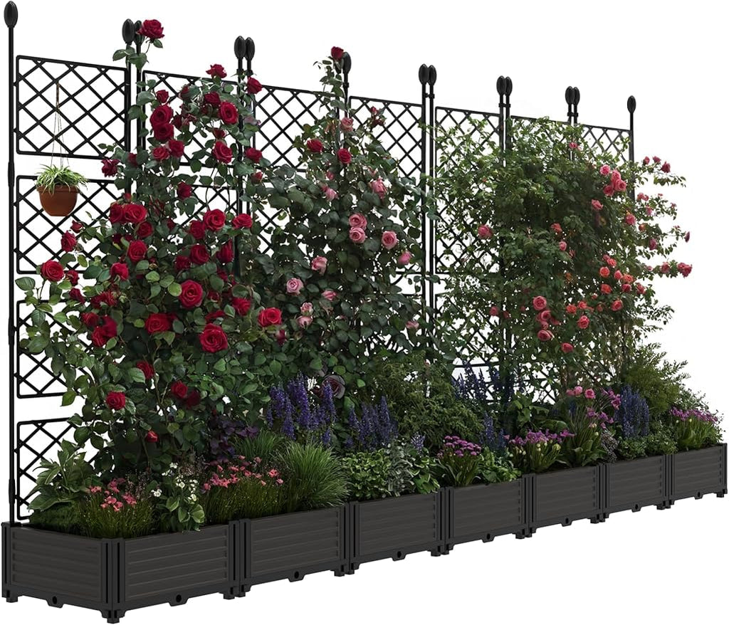 7 PCS Raised Garden Bed with Trellis, 114" LX16 WX63 H Plastic Planter Box for Climbing Plants, Outdoor Vertical Garden with Privacy Screen for Patio, Balcony, Backyard – Sturdy & Lightweight