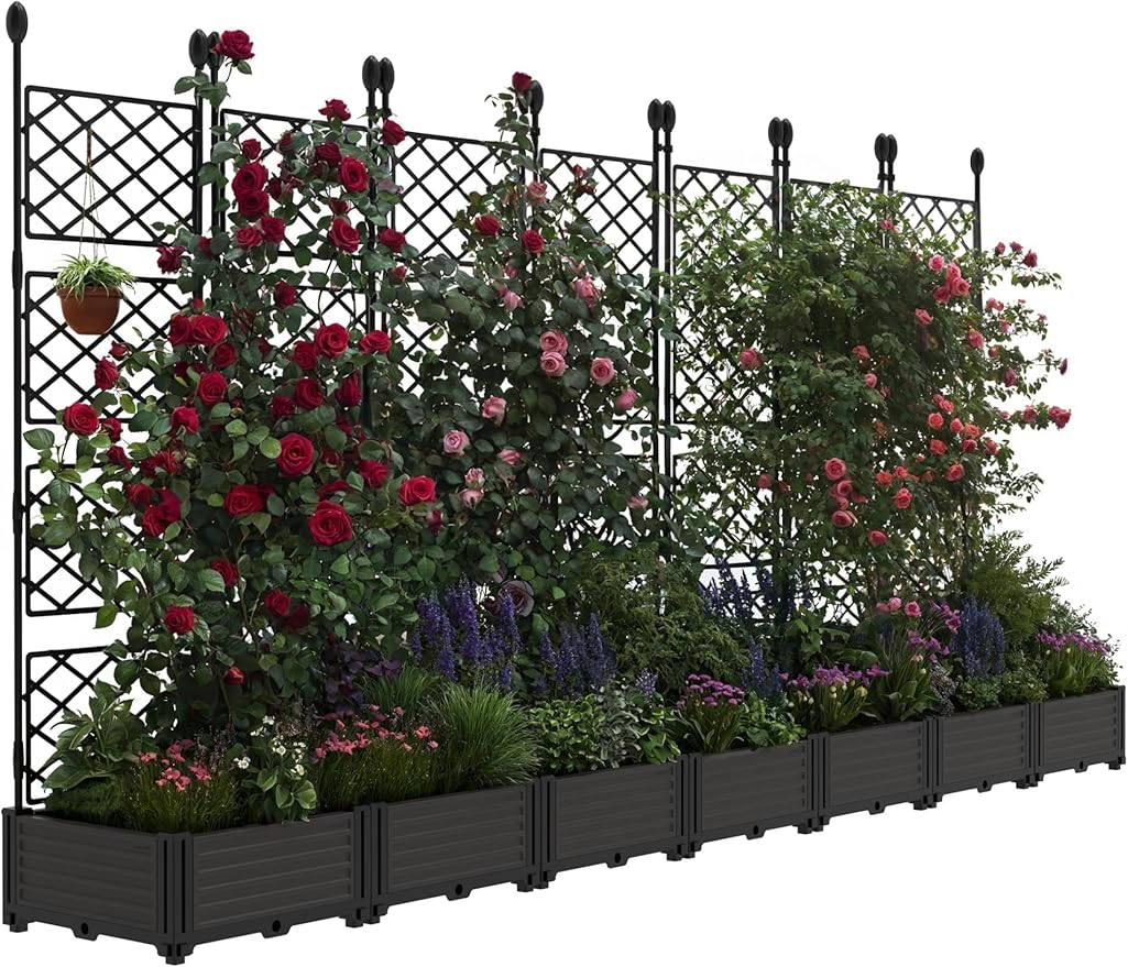 7 PCS Raised Garden Bed with Trellis, 114" LX16 WX63 H Plastic Planter Box for Climbing Plants, Outdoor Vertical Garden with Privacy Screen for Patio, Balcony, Backyard – Sturdy & Lightweight